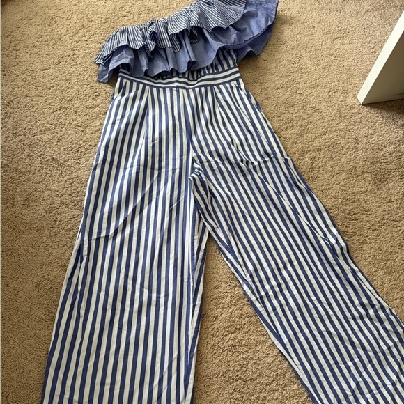 J.Crew- Blue and White Stripe One Shoulder Multi Ruffle Jumpsuit - Picture 7 of 8